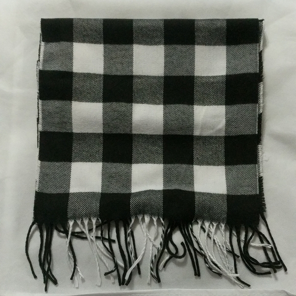 Black, White, Grey Check Plaid Woven Soft Scarf with Fringe - Picture 1 of 3